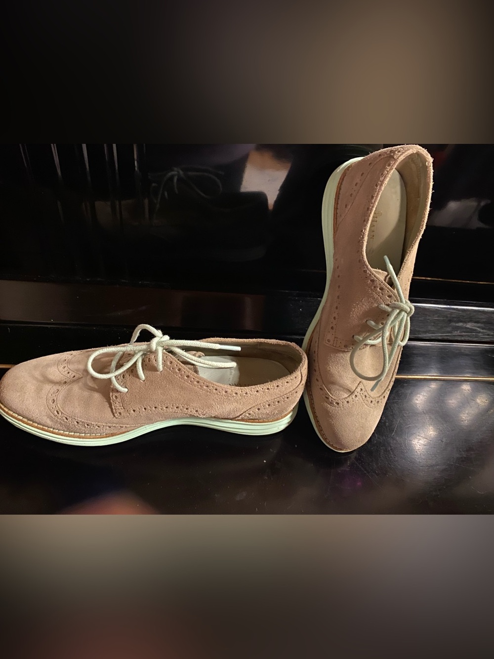 Coke Haan Women’s Suede Wingtip Oxford in Light Brown / Beige